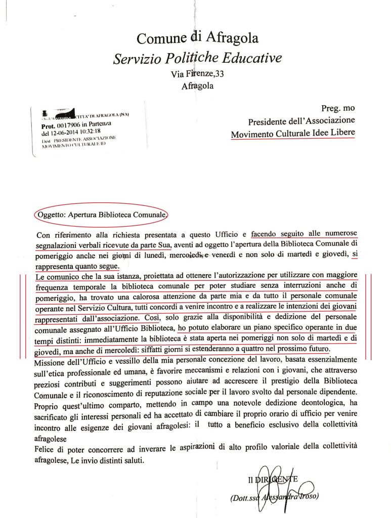 Lettera della dirigente del "Servizio Politiche sociali, culturali e produttive"