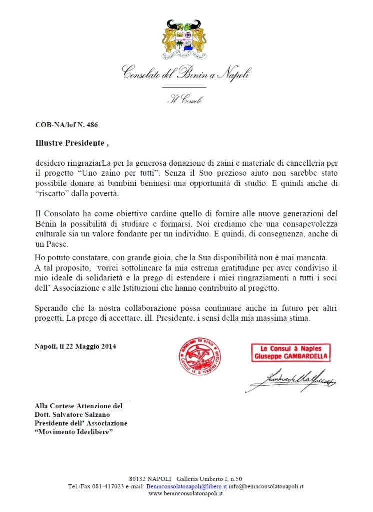 Lettera di ringraziamento per la donazione effettuata dal Movimento Culturale Ideelibere